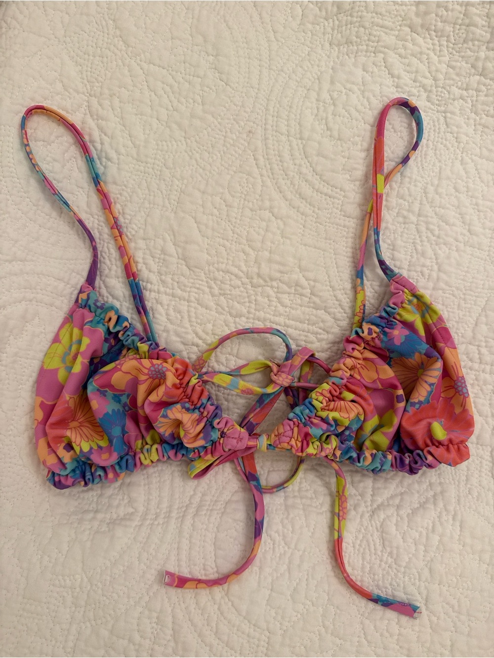 Kulani Kinis Pink Multi Floral Ruffle Bikini Top